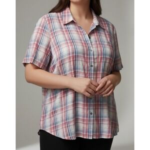 Alfred Dunner Women 22W Pink Blue Plaid Short Sleeve Button Up Shirt Plus Size
